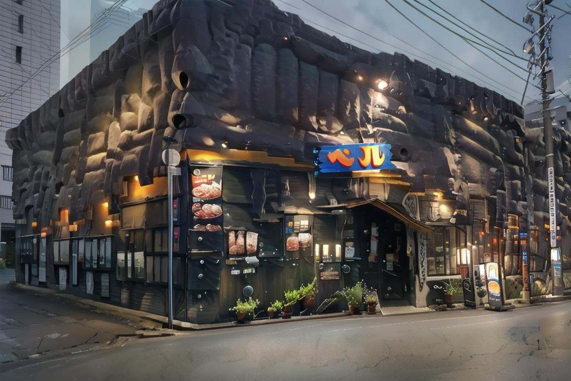 best quality, ultra-detailed, illustration,beru, storefront, scenery, sign, night, road, lamppost, plant, outdoors, street, light, shop <lora:hamburgbell_SD15_V1:1>