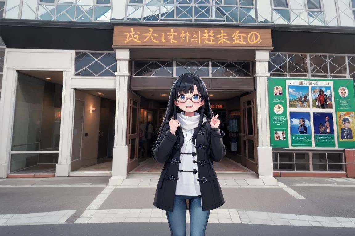best quality, ultra-detailed, illustration,1girl, glasses, black hair, long hair, standing, duffel coat, pantyhose, jeans, smile, laughing, looking at viewer, solo focus,sumasui, storefront, multiple boys, poster (object), outdoors, window, scenery, building <lora:sumasui_SD15_V2:0.8>