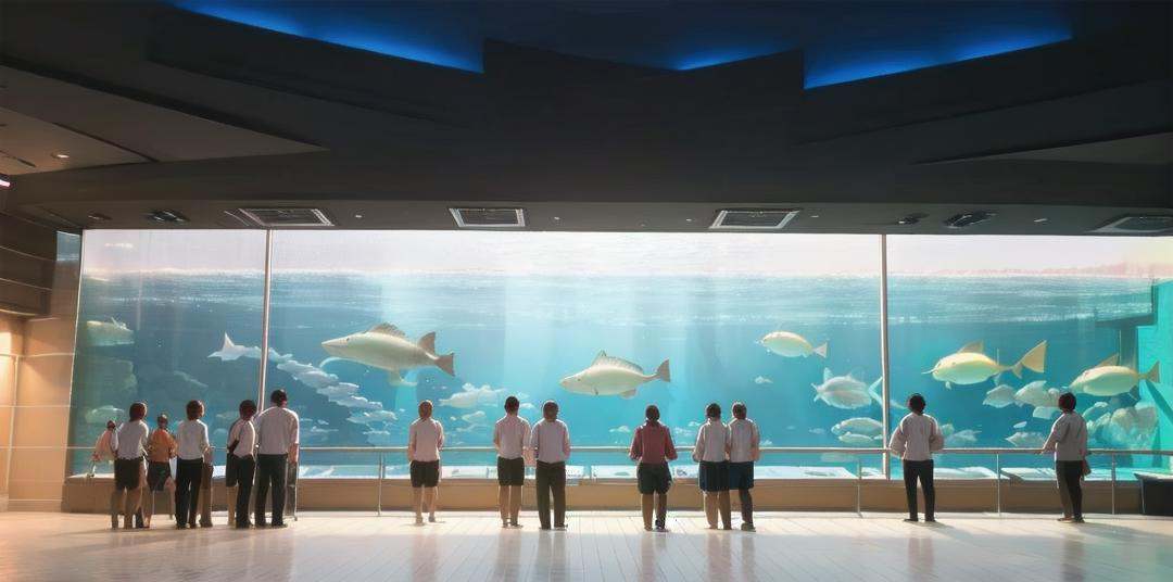 best quality, ultra-detailed, illustration,sumasui, aquarium, 6+boys, multiple boys, multiple girls, 6+girls, indoors, indirect lighting, ceiling, ceiling light, blue neon light,<lora:sumasui_SD15_V2:1>
