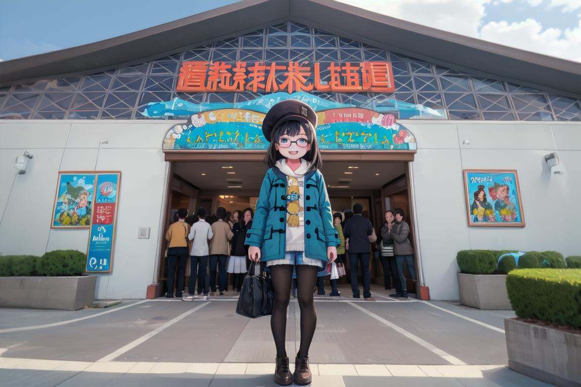 best quality, ultra-detailed, illustration,sumasui, storefront, outdoors, day, sky, 6+boys, blue sky, multiple boys, multiple girls, cloud, real world location, bag, plant, scenery, hat, 6+girls,1girl, glasses, black hair, long hair, standing, duffel coat, pantyhose, jeans, smile, laughing, looking at viewer, solo focus, <lora:sumasui_SD15_V2:1>