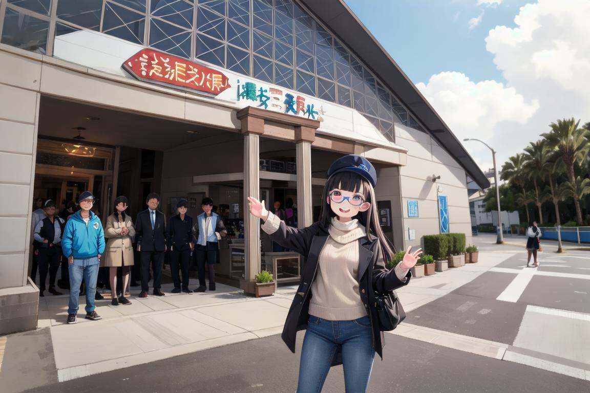 best quality, ultra-detailed, illustration,sumasui, storefront, outdoors, day, sky, 6+boys, blue sky, multiple boys, multiple girls, cloud, real world location, bag, plant, scenery, hat, 6+girls,1girl, glasses, black hair, long hair, standing, duffel coat, pantyhose, jeans, smile, laughing, looking at viewer, solo focus, <lora:sumasui_SD15_V2:1>