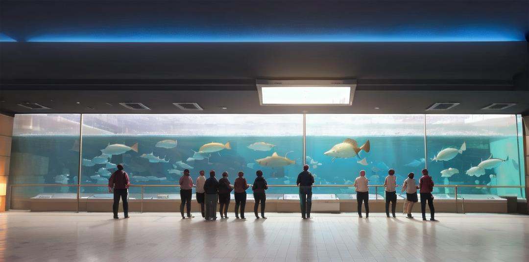 best quality, ultra-detailed, illustration,sumasui, aquarium, 6+boys, multiple boys, multiple girls, 6+girls, indoors, indirect lighting, ceiling, ceiling light, blue neon light,<lora:sumasui_SD15_V2:1>