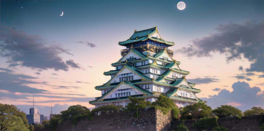 best quality, ultra-detailed, illustration,Osaka Castle, moon, scenery, night, architecture, sky, east asian architecture, crescent moon, outdoors, night sky, tree, building, cloud <lora:OsakaCastle_SD15_V1:1>