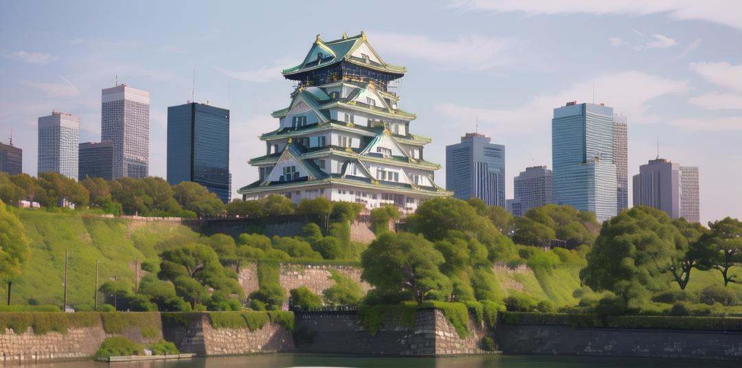 best quality, ultra-detailed, illustration,Osaka Castle, scenery, outdoors, building, sky, tree, day, blue sky, cityscape, real world location, city, road, skyscraper <lora:OsakaCastle_SD15_V1:1>