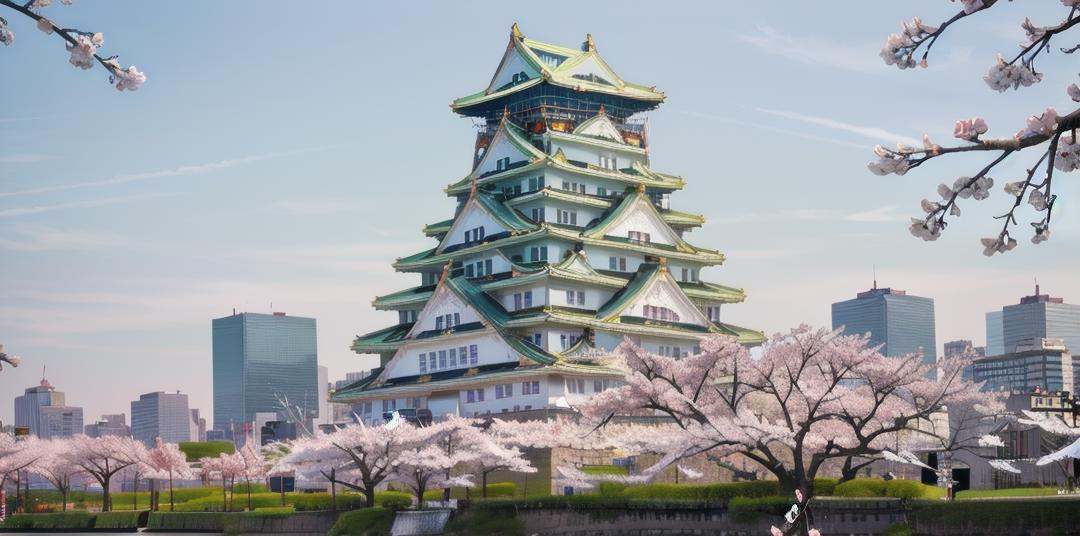 best quality, ultra-detailed, illustration,Osaka Castle, scenery, cherry blossoms, sky, outdoors, tree, architecture, east asian architecture, blue sky, day, building, pagoda, grass <lora:OsakaCastle_SD15_V1:1>