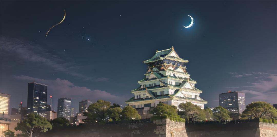 best quality, ultra-detailed, illustration,Osaka Castle, moon, scenery, night, architecture, sky, east asian architecture, crescent moon, outdoors, night sky, tree, building, cloud <lora:OsakaCastle_SD15_V1:1>