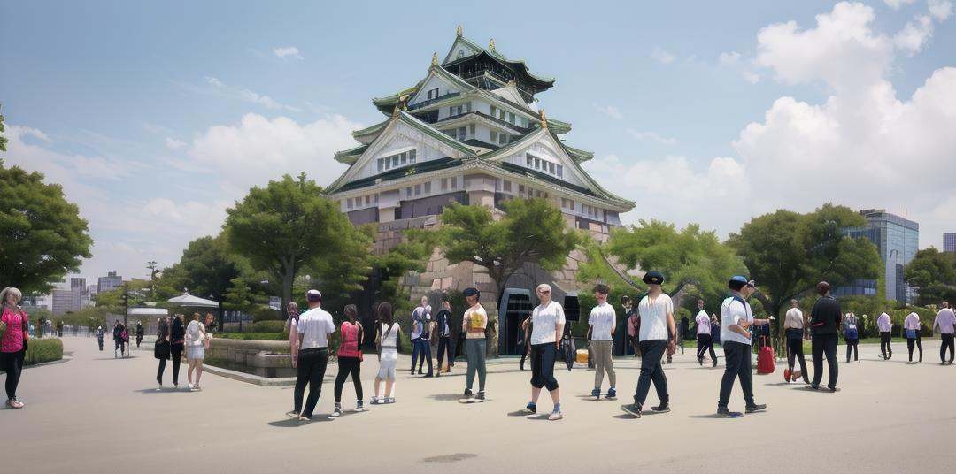 best quality, ultra-detailed, illustration,osakajou, 6+boys, multiple boys, architecture, multiple girls, outdoors, shirt, day, pants, hat, tree, sky, 6+girls, white shirt, bag, blue sky, real world location <lora:OsakaCastle_SD15_V1:1>