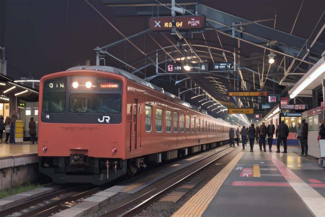 best quality, ultra-detailed, illustration,JRE201, train, night, train station, scenery, outdoors, building, railroad tracks, headlight <lora:osaka_loop_linie_201_SD15_V1:1>