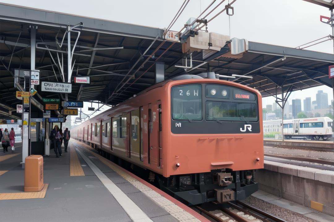 best quality, ultra-detailed, illustration,JRE201, train, train station, railroad tracks, scenery, vehicle focus, outdoors, tail lights <lora:osaka_loop_linie_201_SD15_V1:1>