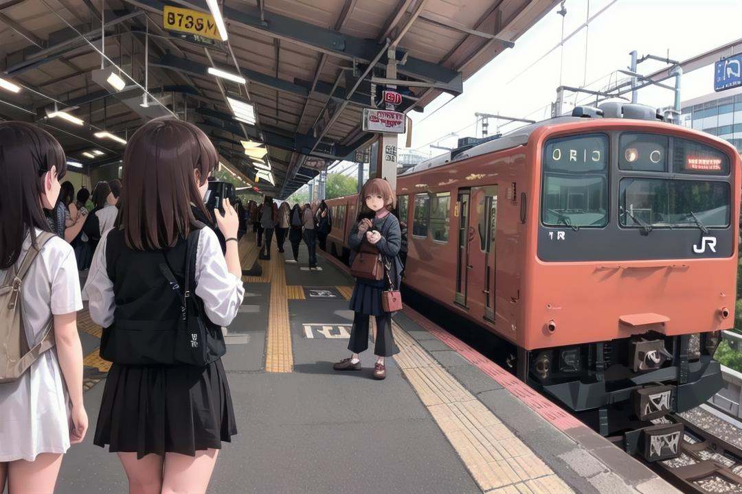 best quality, ultra-detailed, illustration,JRE201, train, train station, railroad tracks, outdoors, skirt, real world location, multiple girls, scenery, brown hair, bag, headlight <lora:osaka_loop_linie_201_SD15_V1:1>