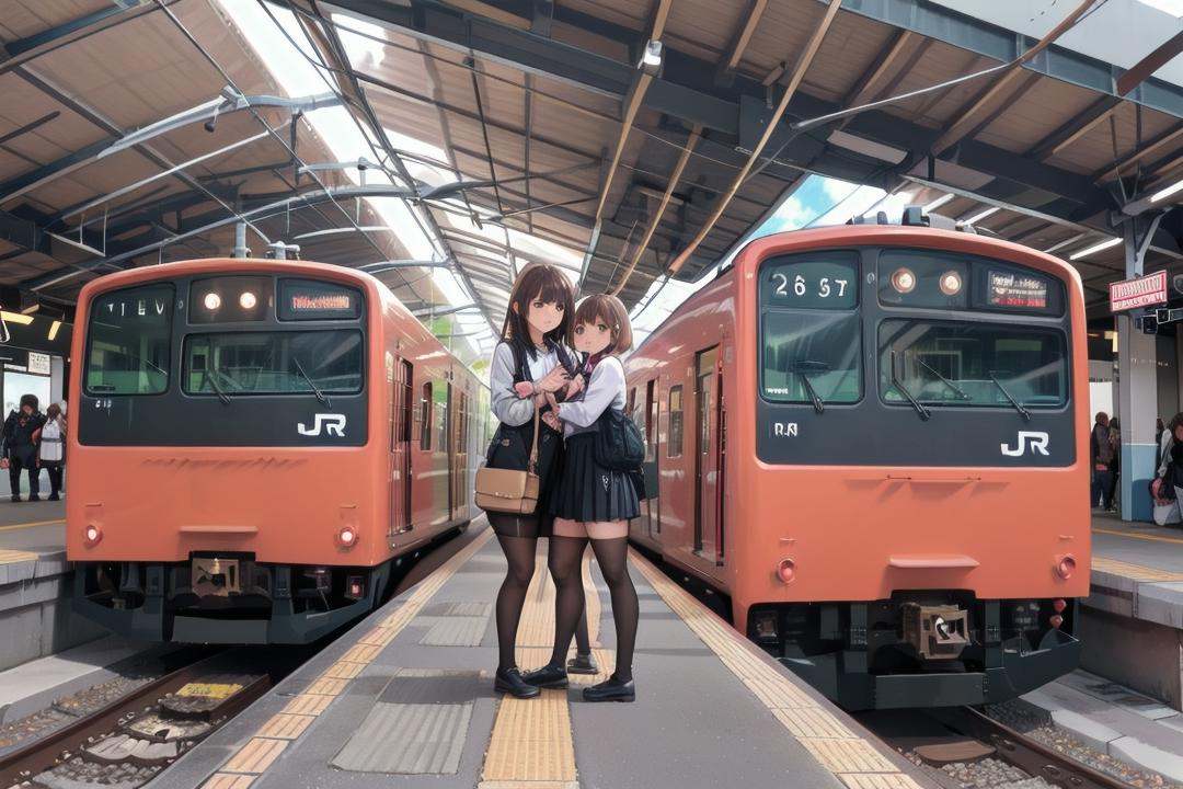 best quality, ultra-detailed, illustration,JRE201, train, train station, railroad tracks, outdoors, skirt, real world location, multiple girls, scenery, brown hair, bag, headlight <lora:osaka_loop_linie_201_SD15_V1:1>