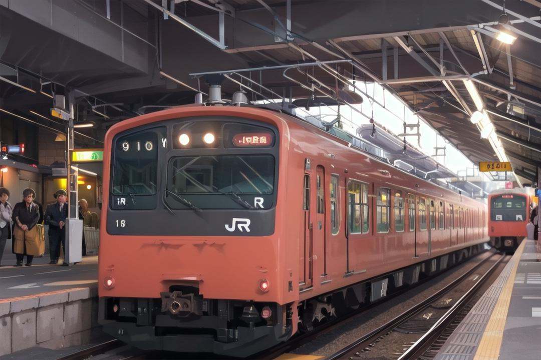 best quality, ultra-detailed, illustration,JRE201, train, night, train station, scenery, outdoors, building, railroad tracks, headlight <lora:osaka_loop_linie_201_SD15_V1:1>