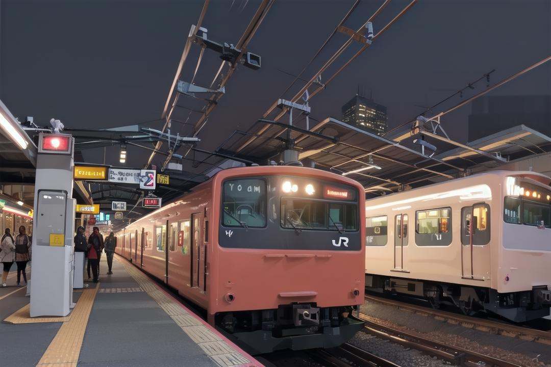 best quality, ultra-detailed, illustration,JRE201, train, night, train station, scenery, outdoors, building, railroad tracks, headlight <lora:osaka_loop_linie_201_SD15_V1:1>