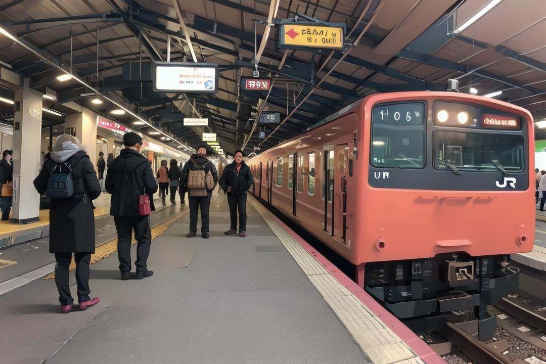 best quality, ultra-detailed, illustration,JRE201, train, train station, railroad tracks, real world location, scenery, multiple boys, bag, 6+boys, multiple girls, outdoors, headlight <lora:osaka_loop_linie_201_SD15_V1:1>