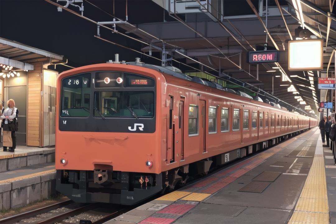 best quality, ultra-detailed, illustration,JRE201, train, night, train station, scenery, outdoors, building, railroad tracks, headlight <lora:osaka_loop_linie_201_SD15_V1:1>