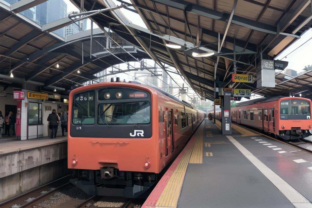 best quality, ultra-detailed, illustration,JRE201, train, train station, railroad tracks, scenery, vehicle focus, outdoors, tail lights <lora:osaka_loop_linie_201_SD15_V1:1>