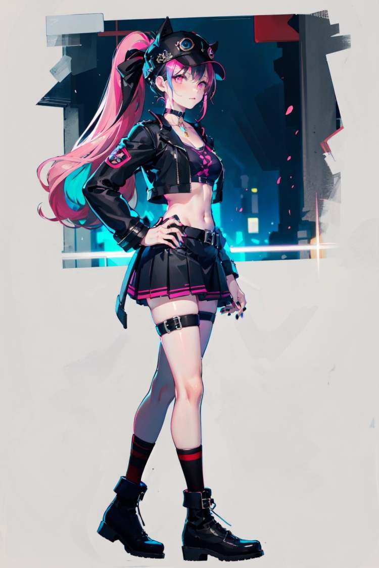 -zoe\(palworld\), 1girl, solo, skirt, ponytail, long hair, socks, hat, black shirt, looking at viewer, black footwear, crop top, full body, pink hair, pleated skirt, shirt, thighs, from side, breasts, standing, long sleeves, thigh strap, black jacket, multicolored hair, baseball cap, jacket, black hair, black skirt, midriff, miniskirt, pink eyes, medium breasts, hand on hip, choker, shoes, boots, closed mouth, black choker, ring, grey skirt, open clothes, black headwear, horns, belt, colored inner hair, nail polish, open jacket<lora:zoe Palworld_20240126194346:0.8>,