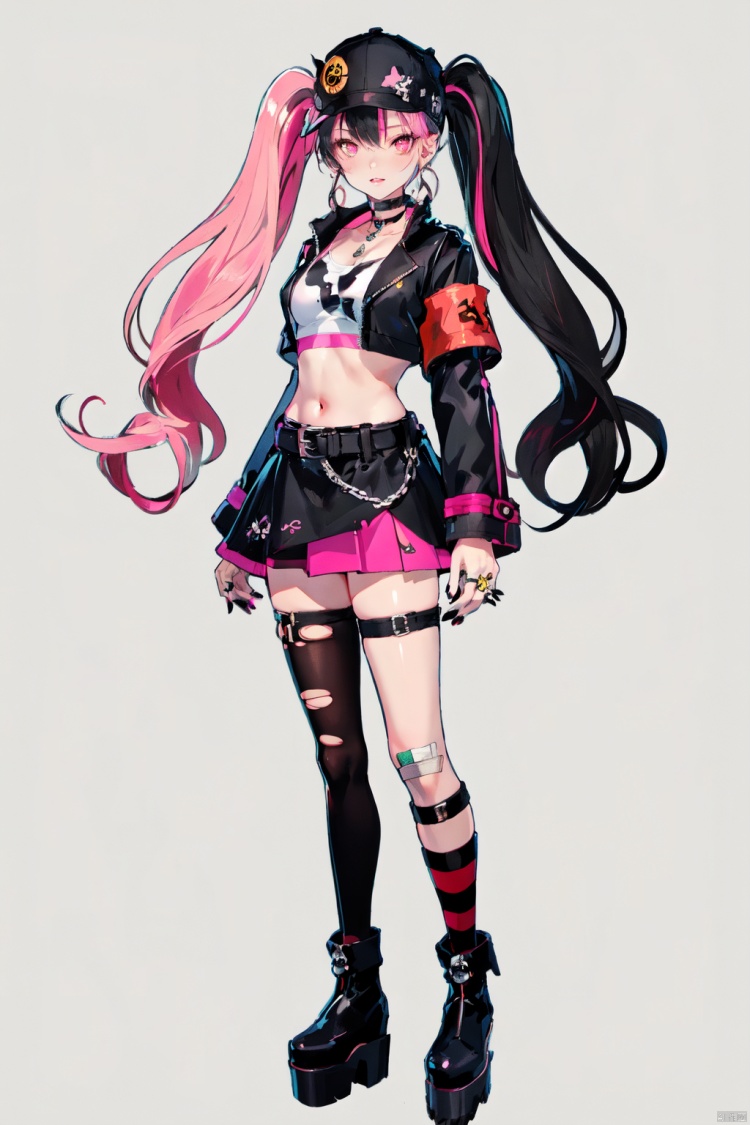  (masterpiece:1.2),best quality,PIXIV,zoe（Palworld),1girl,solo,jacket,pink hair,skirt,black footwear,black jacket,twintails,torn clothes,multicolored hair,hat,socks,single thighhigh,crop top,pink eyes,full body,boots,long hair,white background,midriff,black headwear,black hair,jewelry,thighhighs,breasts,black nails,black skirt,single sock,cropped jacket,open jacket,thigh strap,baseball cap,choker,standing,belt,looking at viewer,bandaid,shirt,asymmetrical legwear,ring,bangs,armband,skull print,open clothes,black choker,simple background,uneven legwear,two-tone hair,medium breasts,long sleeves,platform boots,miniskirt