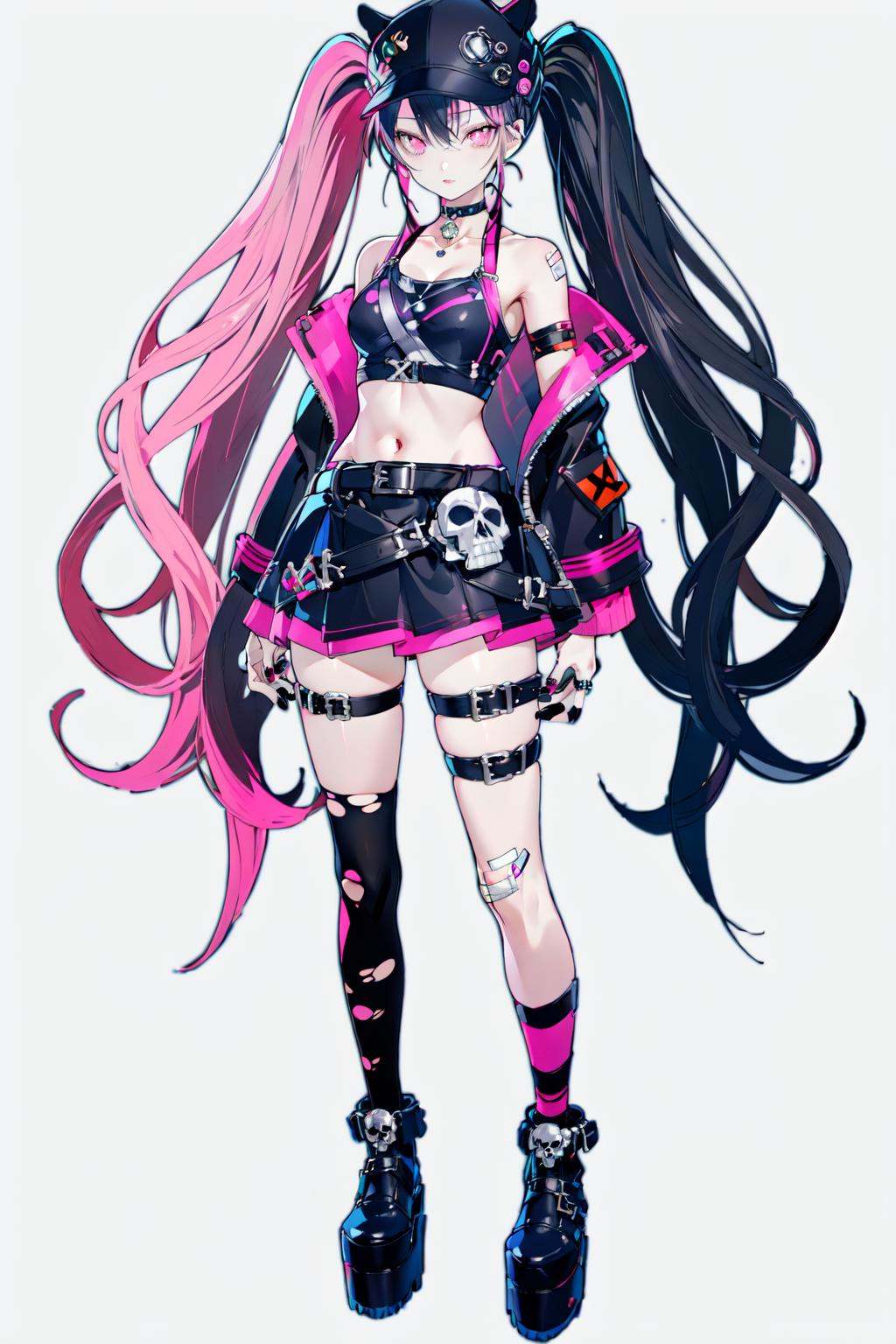 (masterpiece:1.2),best quality,PIXIV,zoe（Palworld),1girl,solo,jacket,pink hair,skirt,black footwear,black jacket,twintails,torn clothes,multicolored hair,hat,socks,single thighhigh,crop top,pink eyes,full body,boots,long hair,white background,midriff,black headwear,black hair,jewelry,thighhighs,breasts,black nails,black skirt,single sock,cropped jacket,open jacket,thigh strap,baseball cap,choker,standing,belt,looking at viewer,bandaid,shirt,asymmetrical legwear,ring,bangs,armband,skull print,open clothes,black choker,simple background,uneven legwear,two-tone hair,medium breasts,long sleeves,platform boots,miniskirt,<lora:zoe Palworld_20240126194346:0.8>,