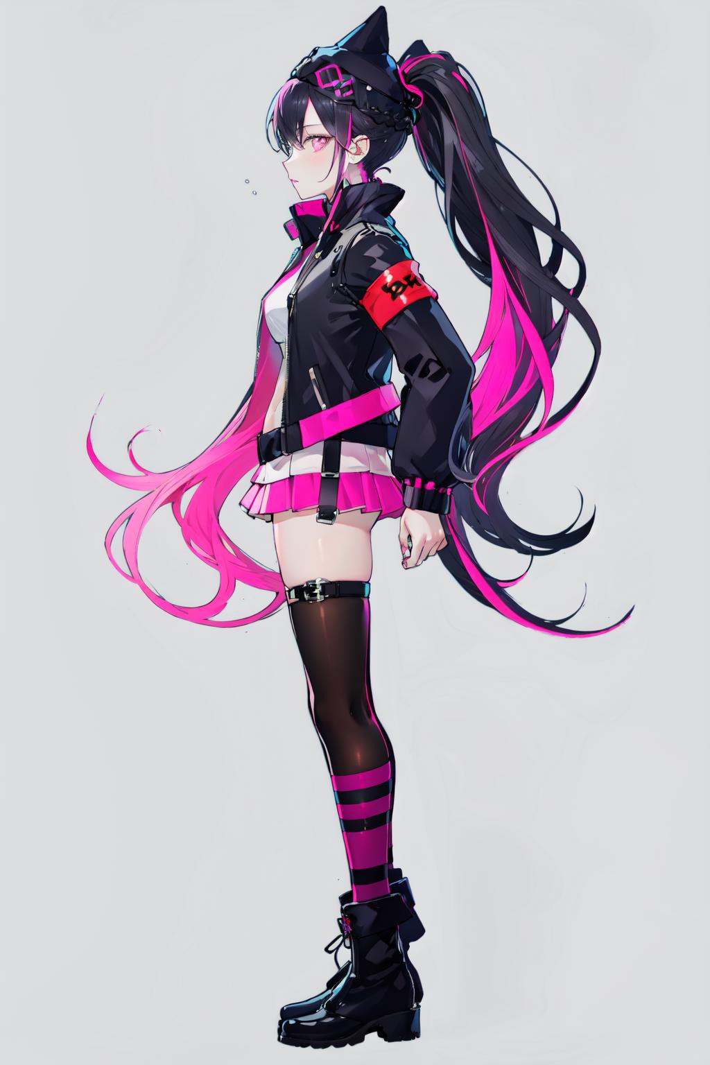 -zoe（Palworld）, 1girl, solo, long hair, ponytail, black hair, pink hair, full body, multicolored hair, black footwear, breasts, from side, boots, jacket, standing, asymmetrical legwear, socks, hat<lora:zoe Palworld_20240126194346:0.8>,