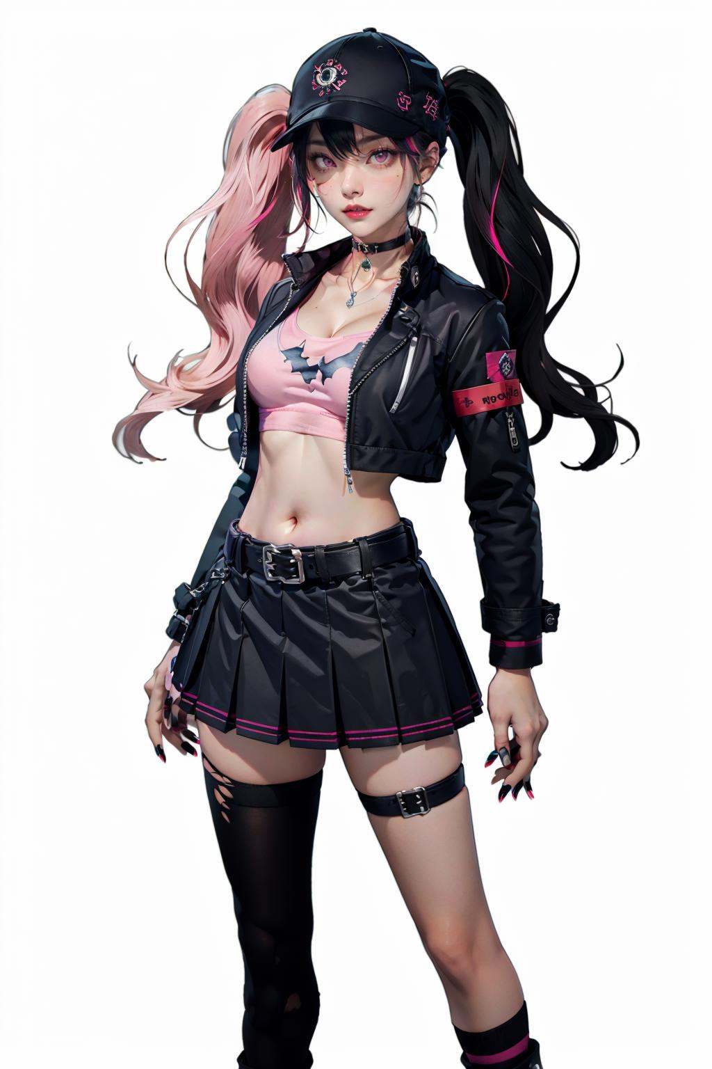 zoe\(palworld\),1girl,solo,long hair,skirt,twintails,belt,navel,black hair,midriff,looking at viewer,full body,multicolored hair,stomach,thighhighs,jacket,long sleeves,breasts,open clothes,pink eyes,hat,thighs,crop top,black footwear,black jacket,open jacket,black choker,black skirt,ring,boots,black shirt,cleavage,miniskirt,choker,white background,jewelry,pink hair,standing,socks,torn clothes,cropped jacket,shirt,streaked hair,medium breasts,baseball cap,simple background,pleated skirt,nail polish,bandaid,black headwear,zettai ryouiki,armband,thigh strap,black nails,collarbone,platform footwear,single thighhigh,mole,torn thighhighs,<lora:zoe Palworld_20240126194346:0.8>,