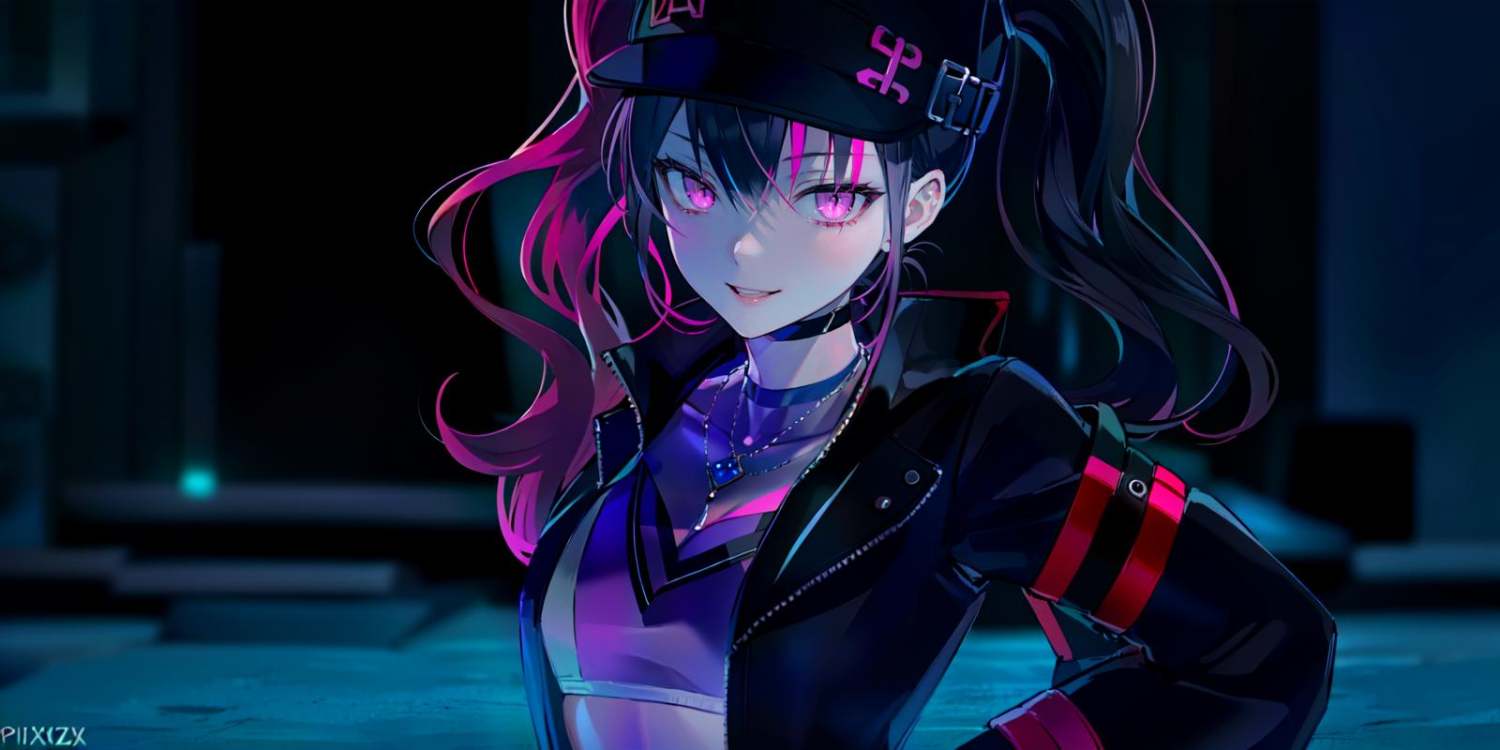 (masterpiece:1.2),best quality,PIXIV,1girl,solo,twintails,hat,jewelry,looking at viewer,purple eyes,crop top,black hair,multicolored hair,jacket,necklace,pink eyes,pink hair,bangs,long hair,smile,black jacket,