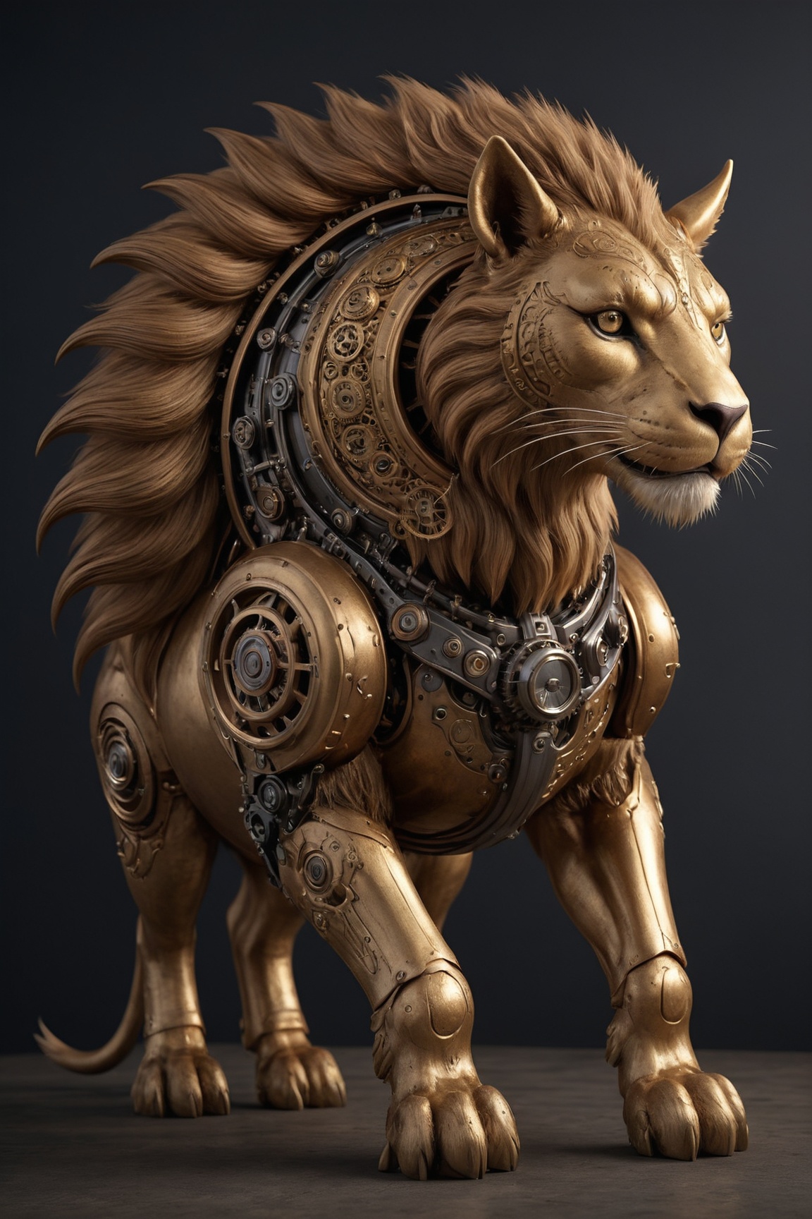 Generate hyper realistic image of a colossal mechanical chimera,  blending the features of a lion,  goat on Tensor.Art