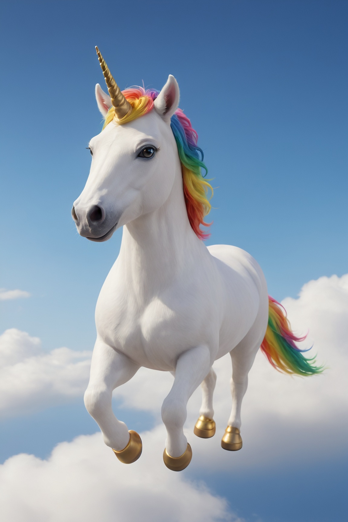 {ultra Detailed},  A claymation unicorn flying across clouds and a single rainbow. The Unicorn should be Pastel colored in...