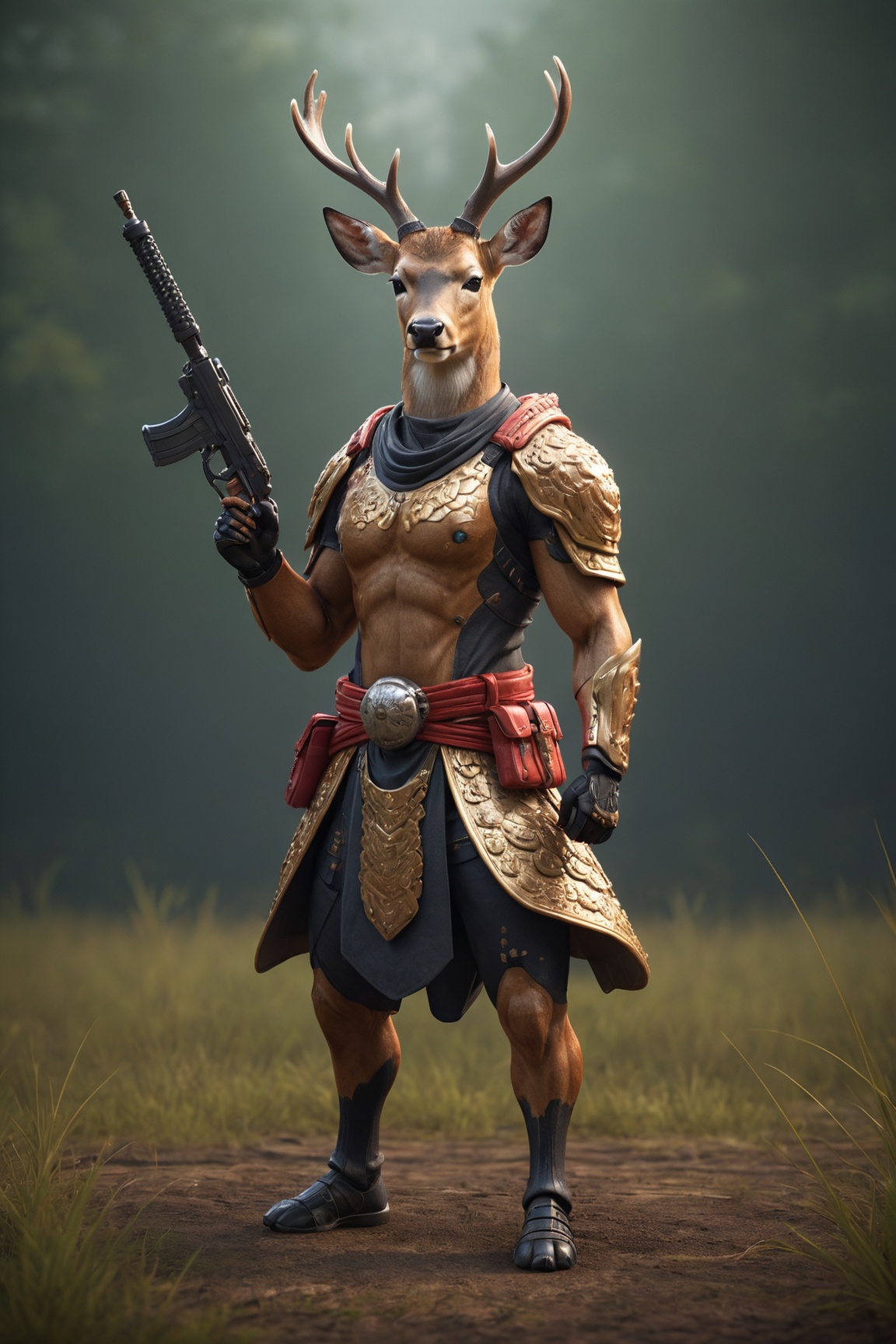 Anthropomorphic deer ,  Cyborg ,  wearing a samurai clothing in battle pose on Tensor.Art