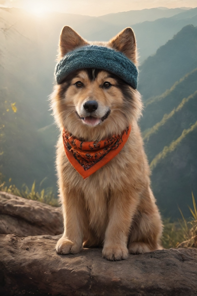 image of cute himalayan shepherd dog with hat and scarf,  art season trend,  dressed in punk clothes on Tensor.Art