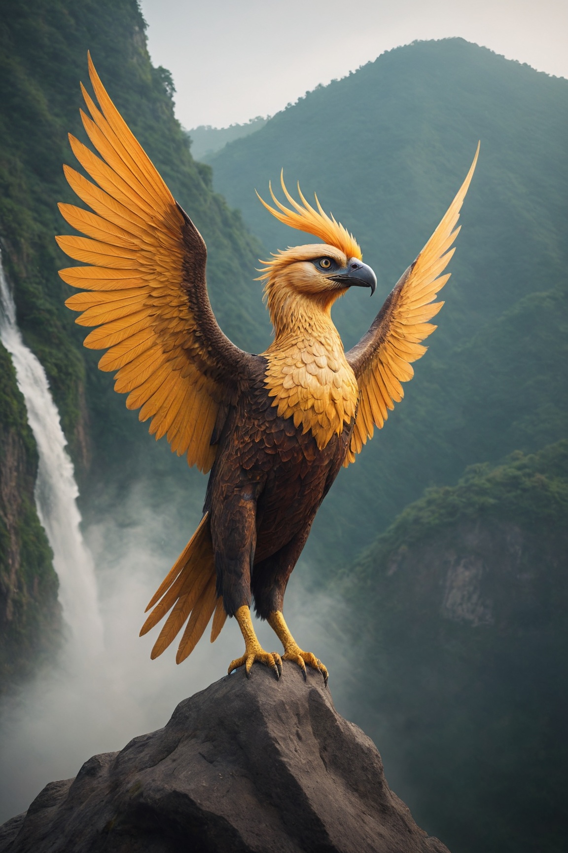 photography of a giant Garuda bird standing on a stone ball similar to a globe showing a map of Indonesia,  golden white G...
