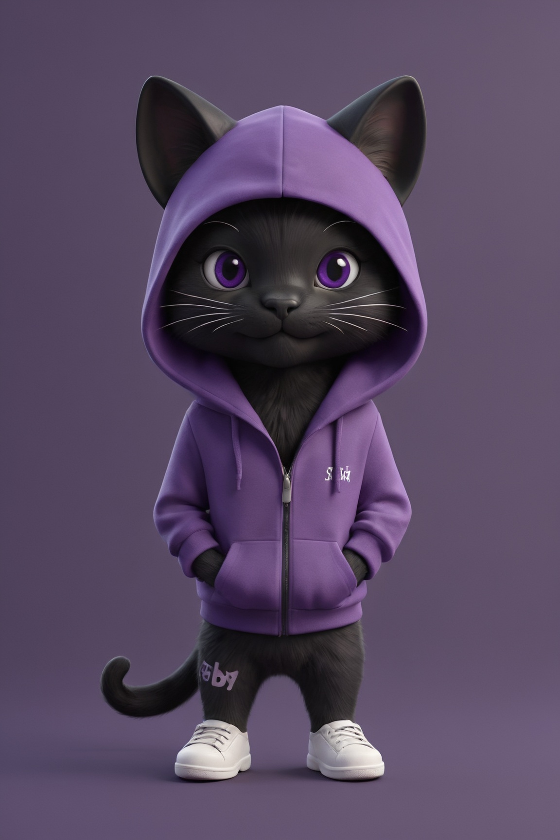 black kitty with a purple hoodie,  3d render,  typography on Tensor.Art