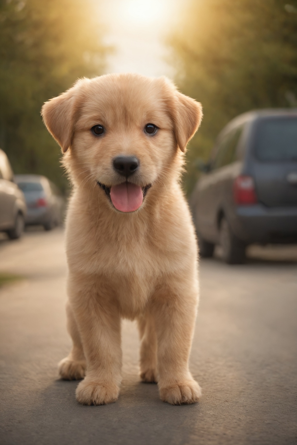 realistic photos of puppy on the street,  hatching (texture),  foreshortening on Tensor.Art