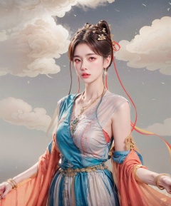  masterpiece, best quality, realistic, Highly detailed, (simple background),yue,1girl, solo, hair ornament, dress, jewelry, necklace, hair bun, bracelet, hanfu,brown hair, black hair, hair ornament, dress, jewelry, (upper body), necklace, hair bun, bracelet, chinese clothes,cloud background