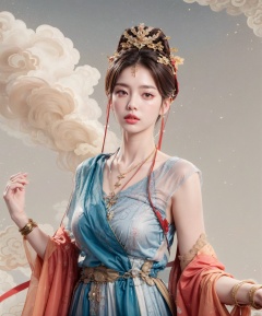  masterpiece, best quality, realistic, Highly detailed, simple background,yue,1girl, solo, hair ornament, dress, jewelry, necklace, hair bun, bracelet, hanfu,brown hair, black hair, hair ornament, dress, jewelry, (portrait), necklace, hair bun, bracelet, chinese clothes,cloud,cloud background