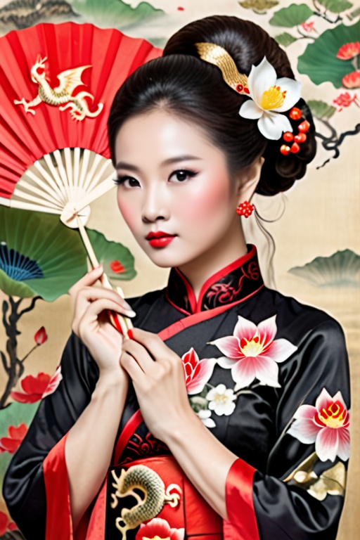description of a beautiful Vietnamese woman with a very lovely face,  wearing a black ao dai embroidered with lotus flower...