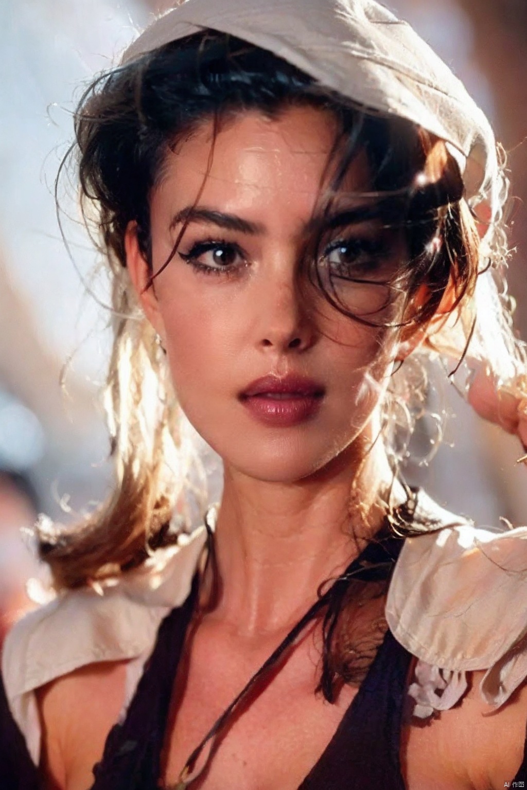 MonicaBellucci, 1girl,  solo,  bloom, background bokeh,  The Atmosphere of Film Cinema, captivating visuals,  RAW photo,  full sharp,  high quality,  delicate features, contour light, backlighting, Professional photography, exquisite composition, upper body,  Visual_Optimization,  Color_Harmonization,<lora:EMS-278474-EMS:1.000000>