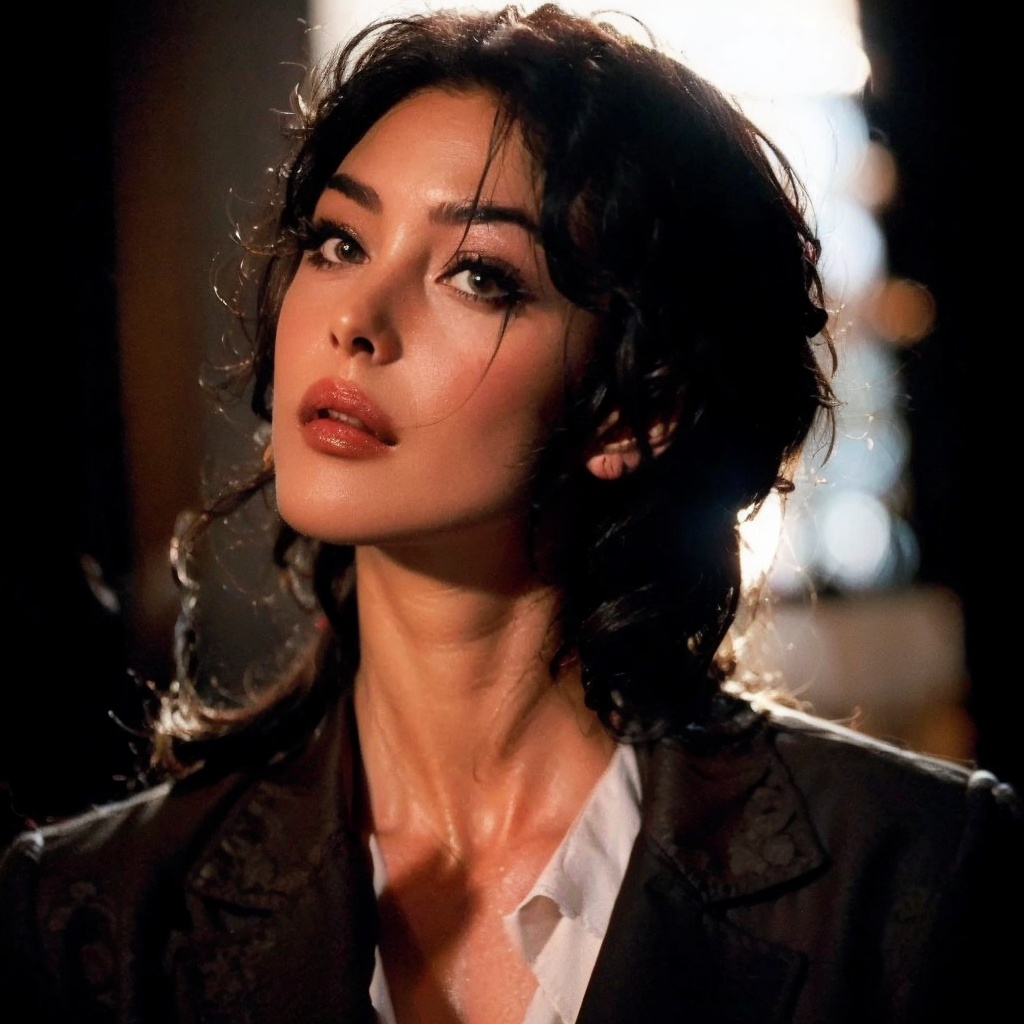 MonicaBellucci,1girl, solo, black background, captivating visuals, RAW photo, full sharp, high quality, delicate features,contour light,backlighting,exquisite composition,upper body, Visual_Optimization, Color_Harmonization, MonicaBellucci