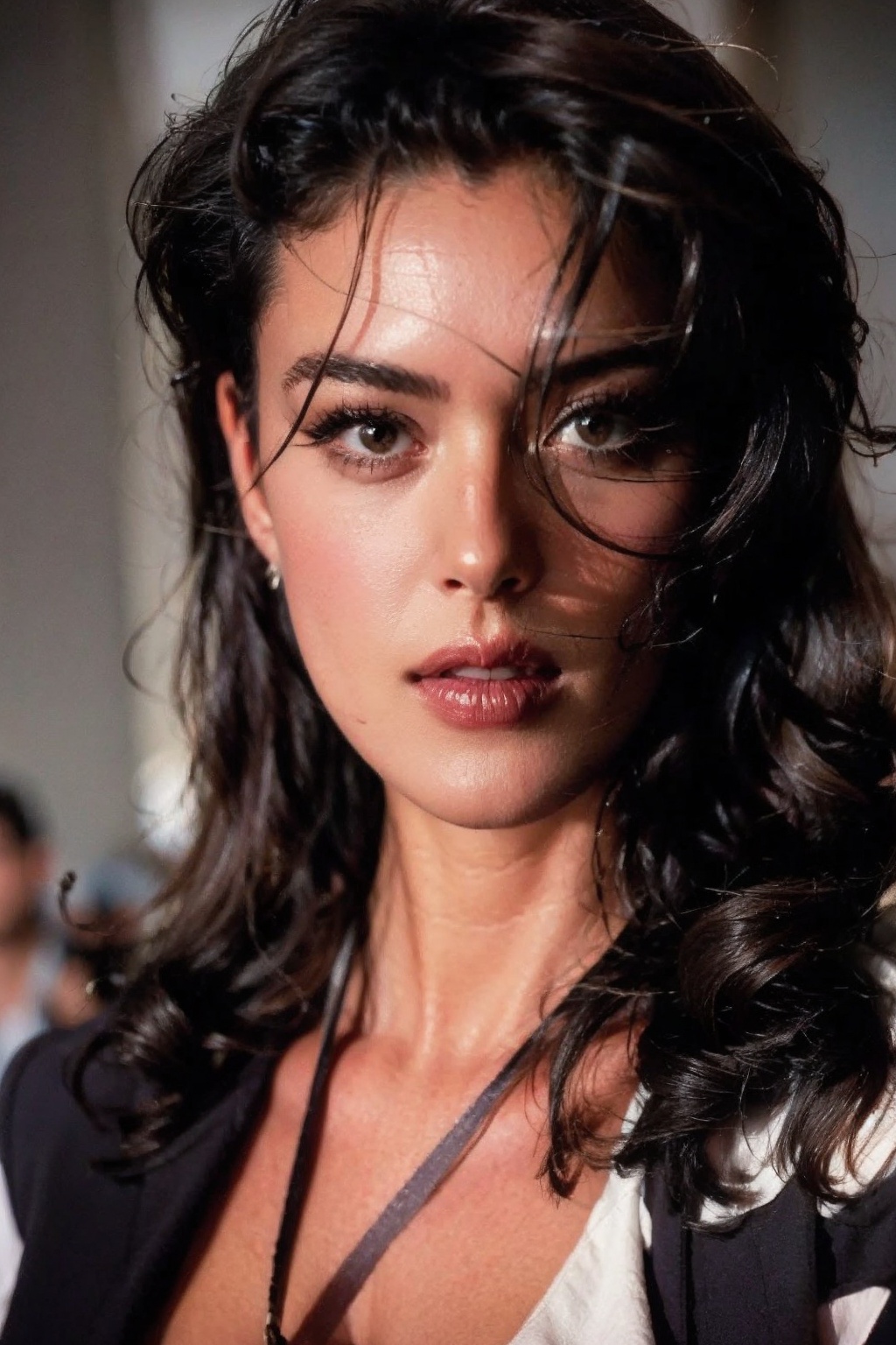 MonicaBellucci,1girl, solo,The Atmosphere of Film Cinema,captivating visuals, RAW photo, full sharp, high quality, delicate features,contour light,backlighting,Professional photography,exquisite composition,upper body, Visual_Optimization, Color_Harmonization, MonicaBellucci