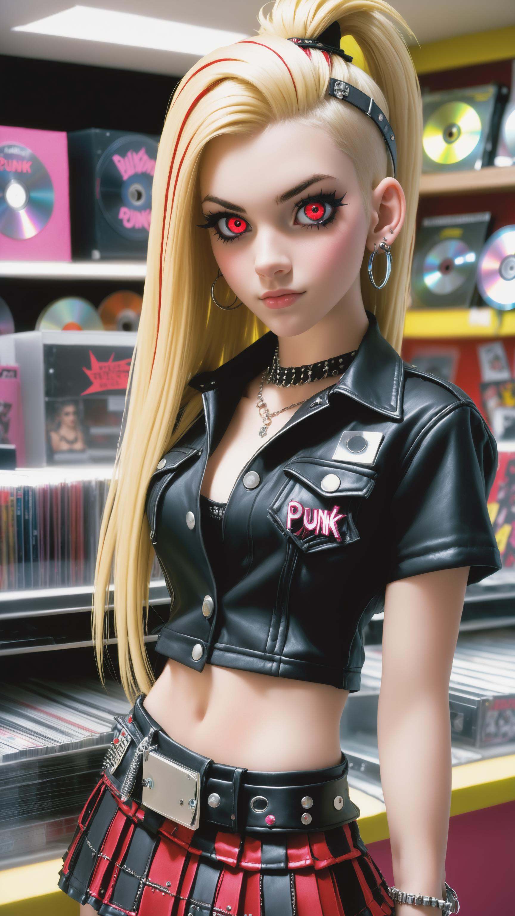 18 y.o. cute punk shop salesman behind the counter wearing punk clothes,  long blonde hair,  skirt on Tensor.Art