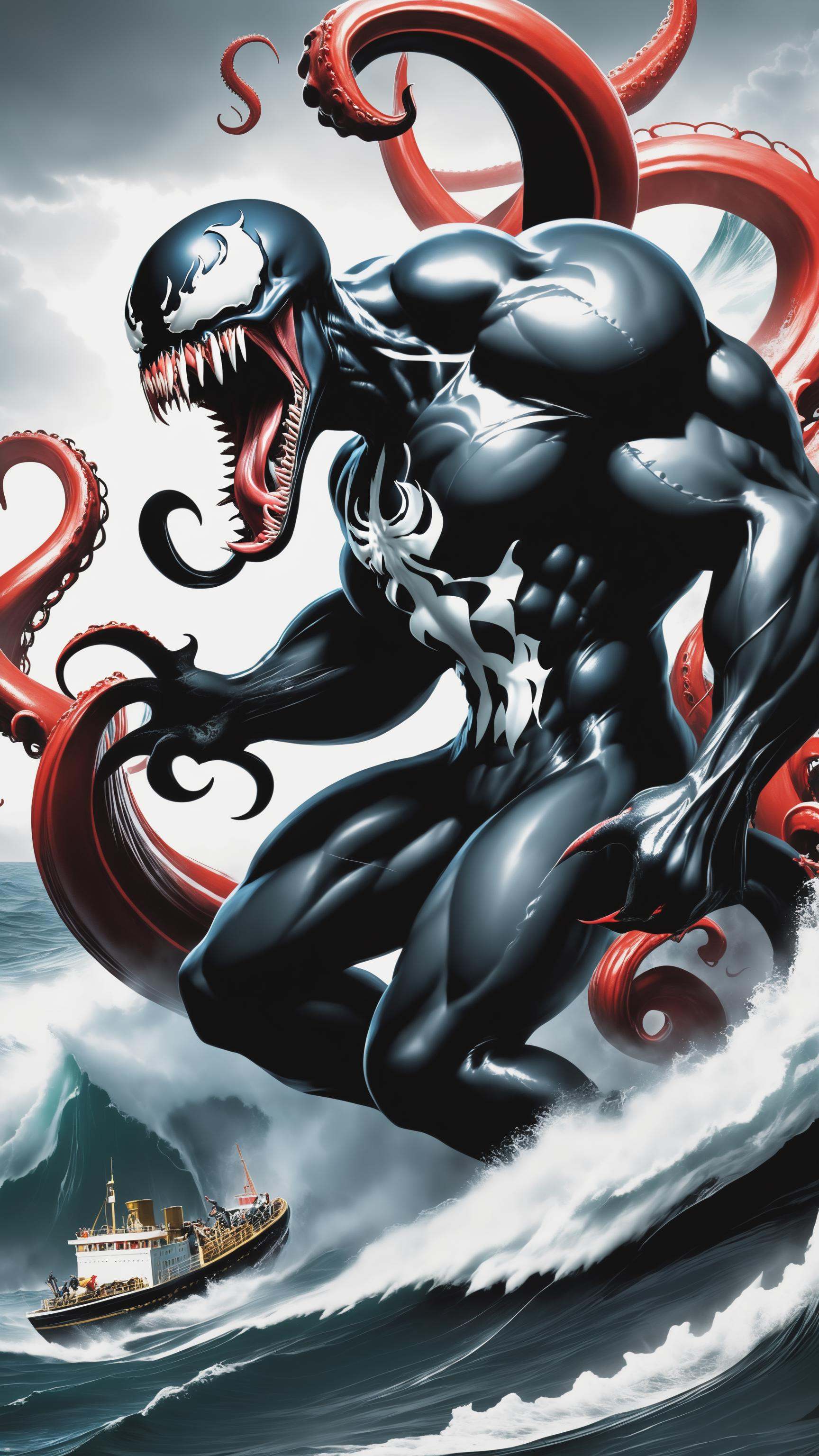 with venom's black tentacles protruding from his entire body,  destroying ships on the ocean,  blood on the mouth on Tenso...