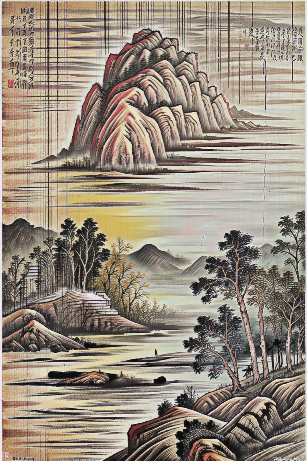  (best quality, masterpiece, ultra high resolution),depth of field,(day:1.2), (cinematic lighting:1.2), painting,  a mountains around by river, wallpaper illustration of mountain