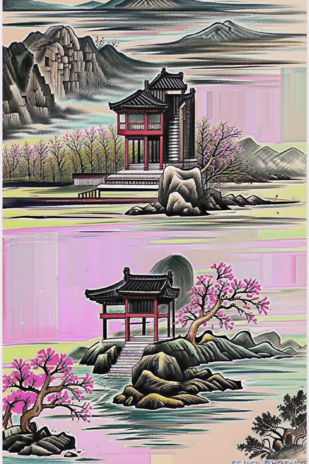 (best quality), (masterpiece), (ultra-detailed), illustration, 8k wallpaper, best illustration, (extremely detailed CG unity 8k wallpaper), huge filesize,landscape,tree, no humans, scenery, architecture, mountain, east asian architecture, outdoors, cherry blossoms, cloud, bridge, building, water, river, sky, lake, petals, pagoda