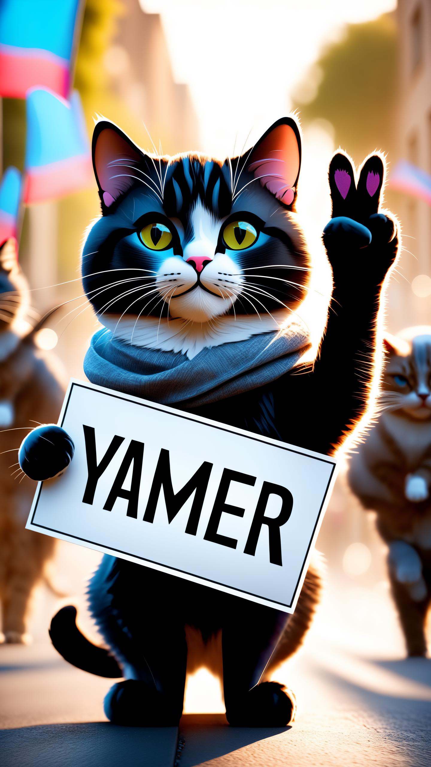 cinematic film still a activist cat rally,  protesting against war,  making a peace sign on Tensor.Art