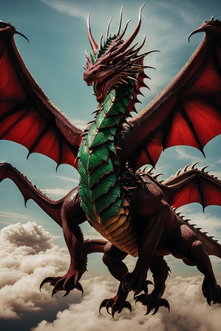 In a mesmerizing painting,  a magnificent dragon soars gracefully through the sky,  capturing the attention of viewers wit...