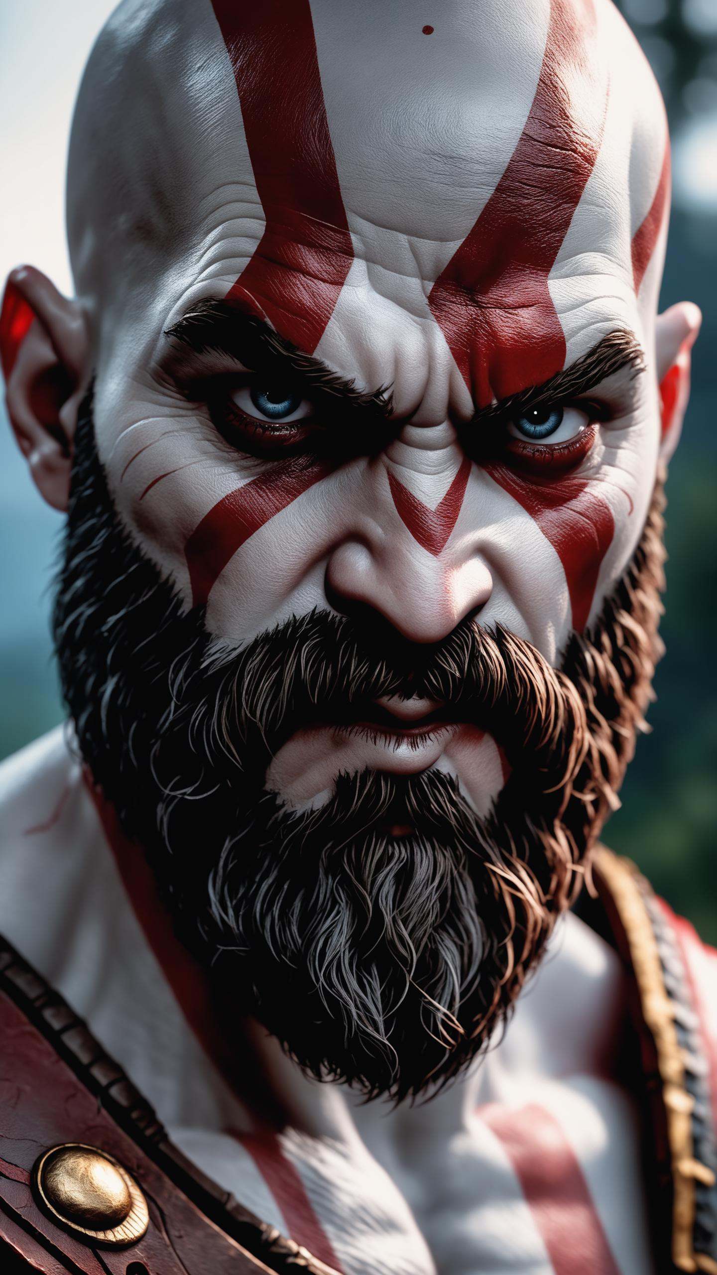 cinematic close up photo of Kratos god of war,  1man,  looking at viewer on Tensor.Art