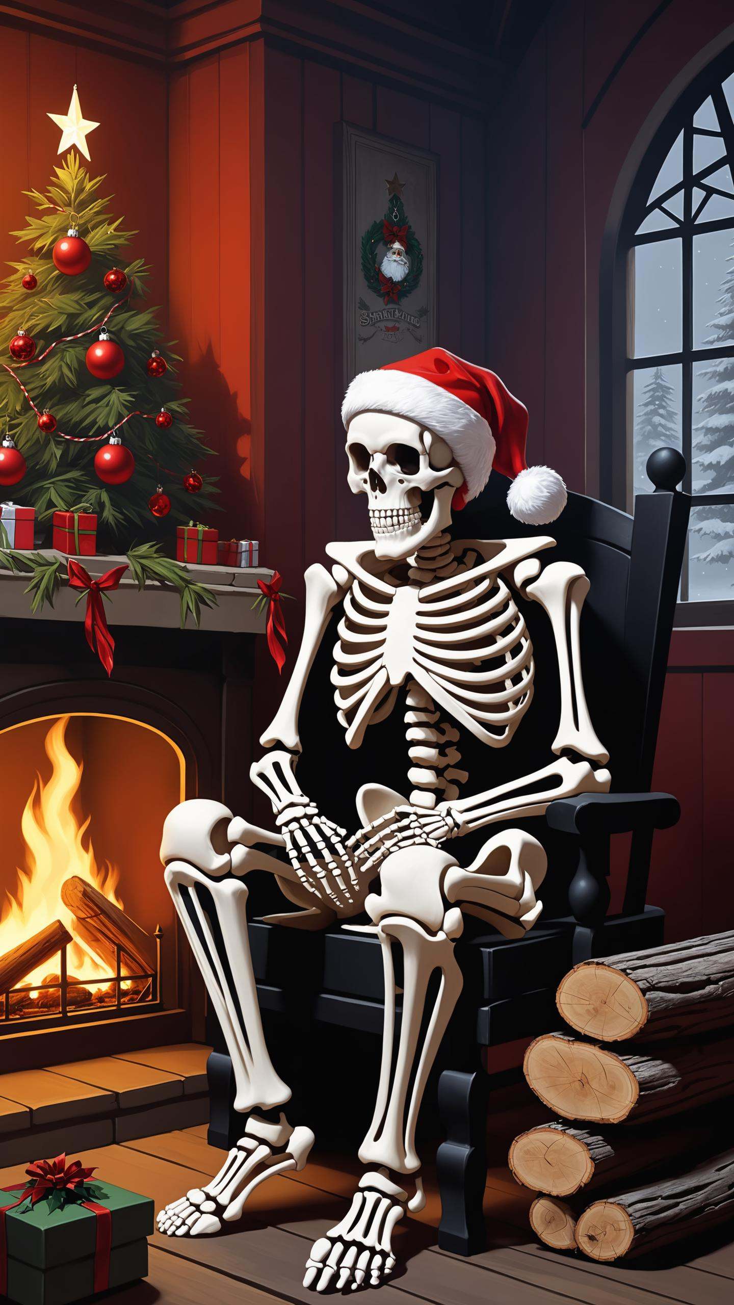 skeleton body,  Santa Claus sat next to a log fire,  Christmas decorations and a Christmas tree on Tensor.Art