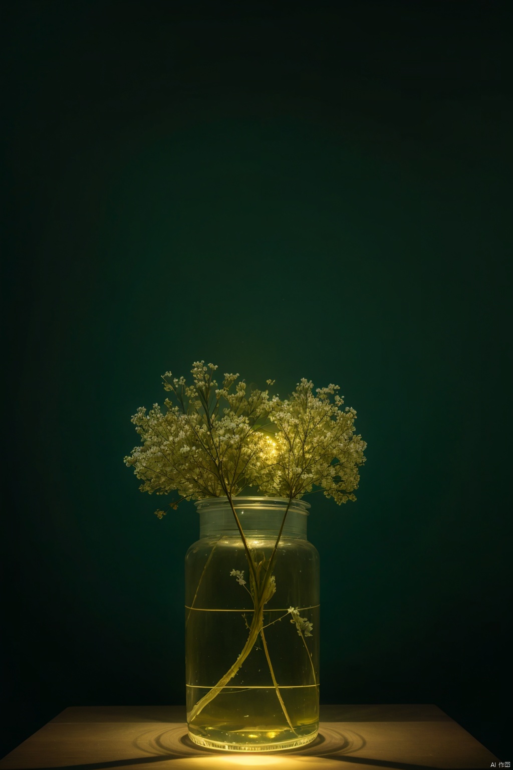 (highres,photorealistic:1.2),horror,macabre,dark,creepy jar-filled scene,glowing table with a beam of light,floral bloom emergence, DEA