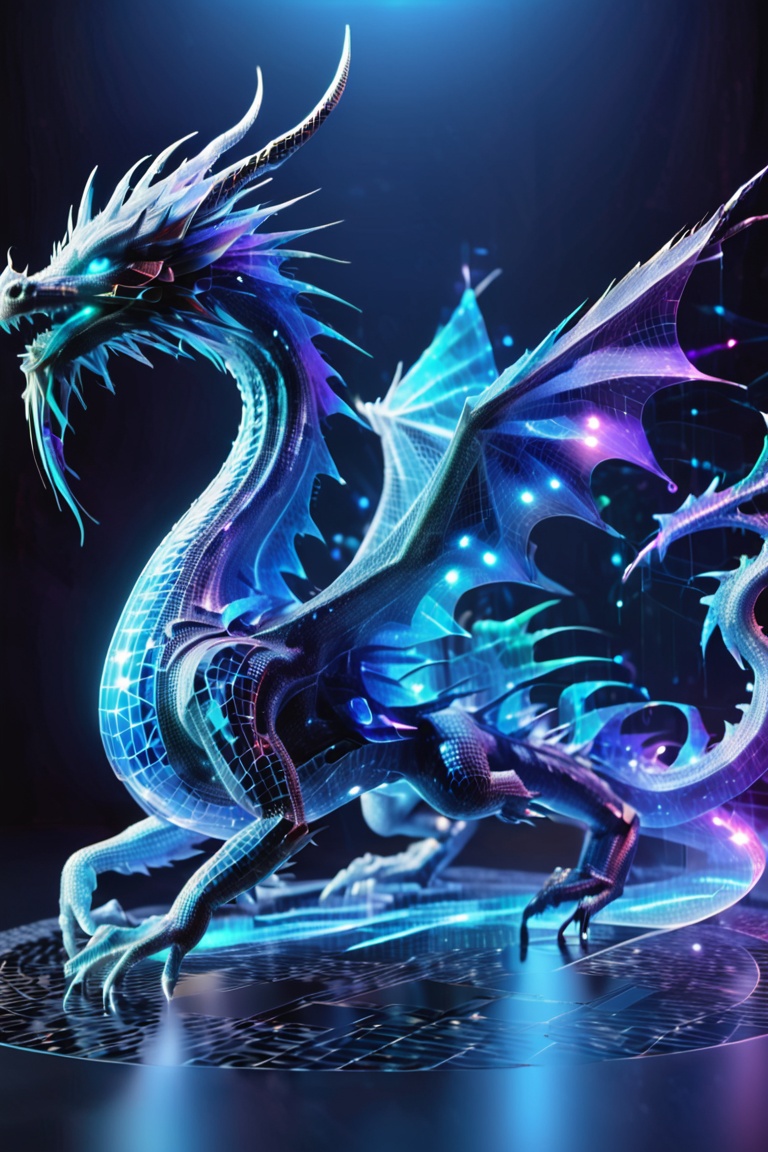 (((3D digital hologram))), a hologram dragon, digital_media_(artwork), programing world backgrpund, 3D Mesh,holomashdragon