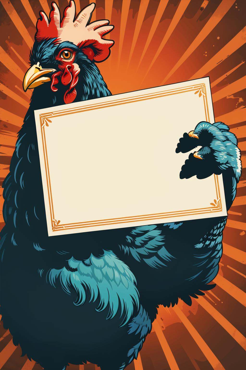 master piece, high quality, a Actor chicken play director holding up a blank white sign